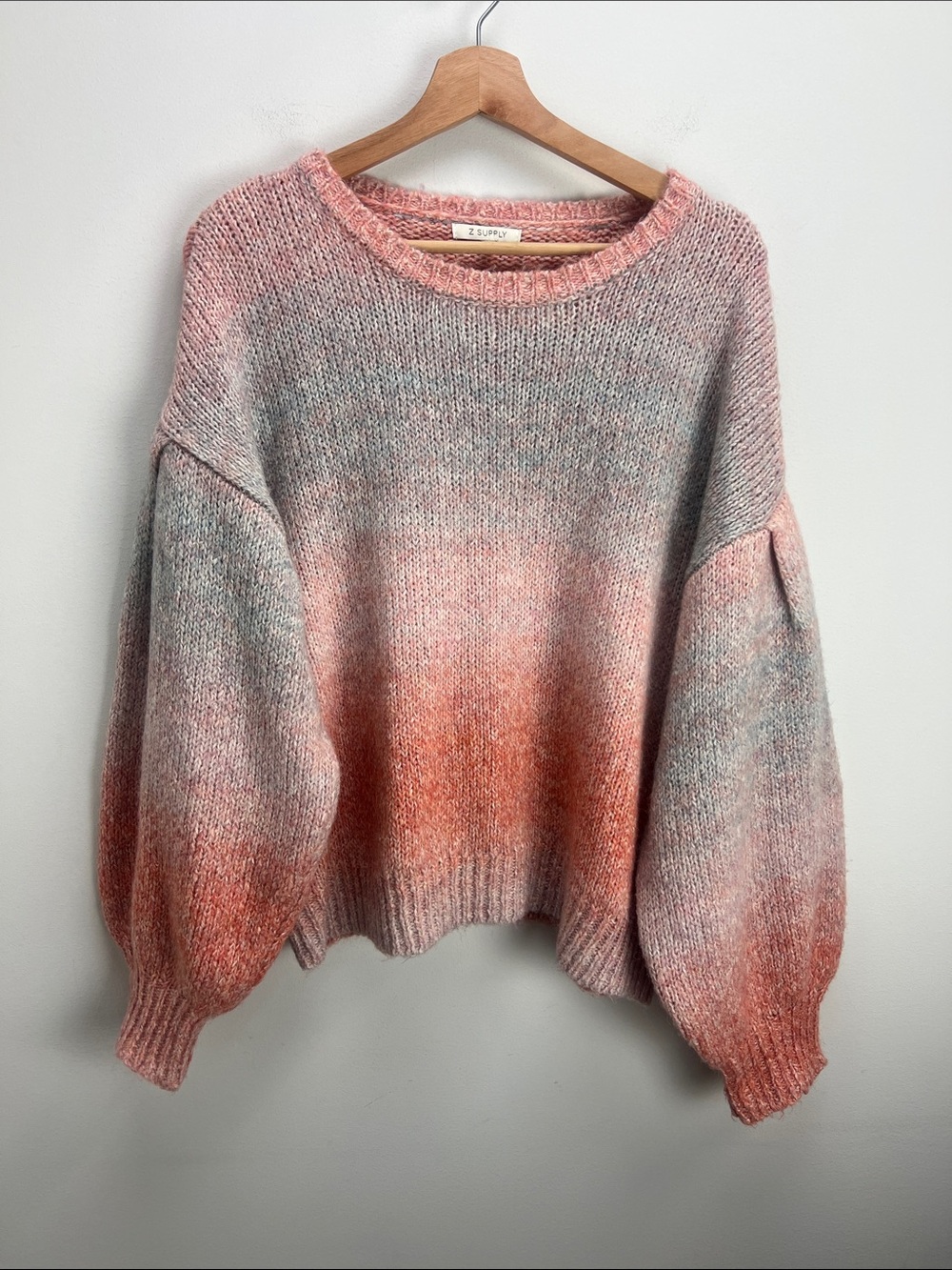 Z Supply Kersa Ombre Sweater Pink Gray Balloon Sleeves Womens Medium Boho Cozy
